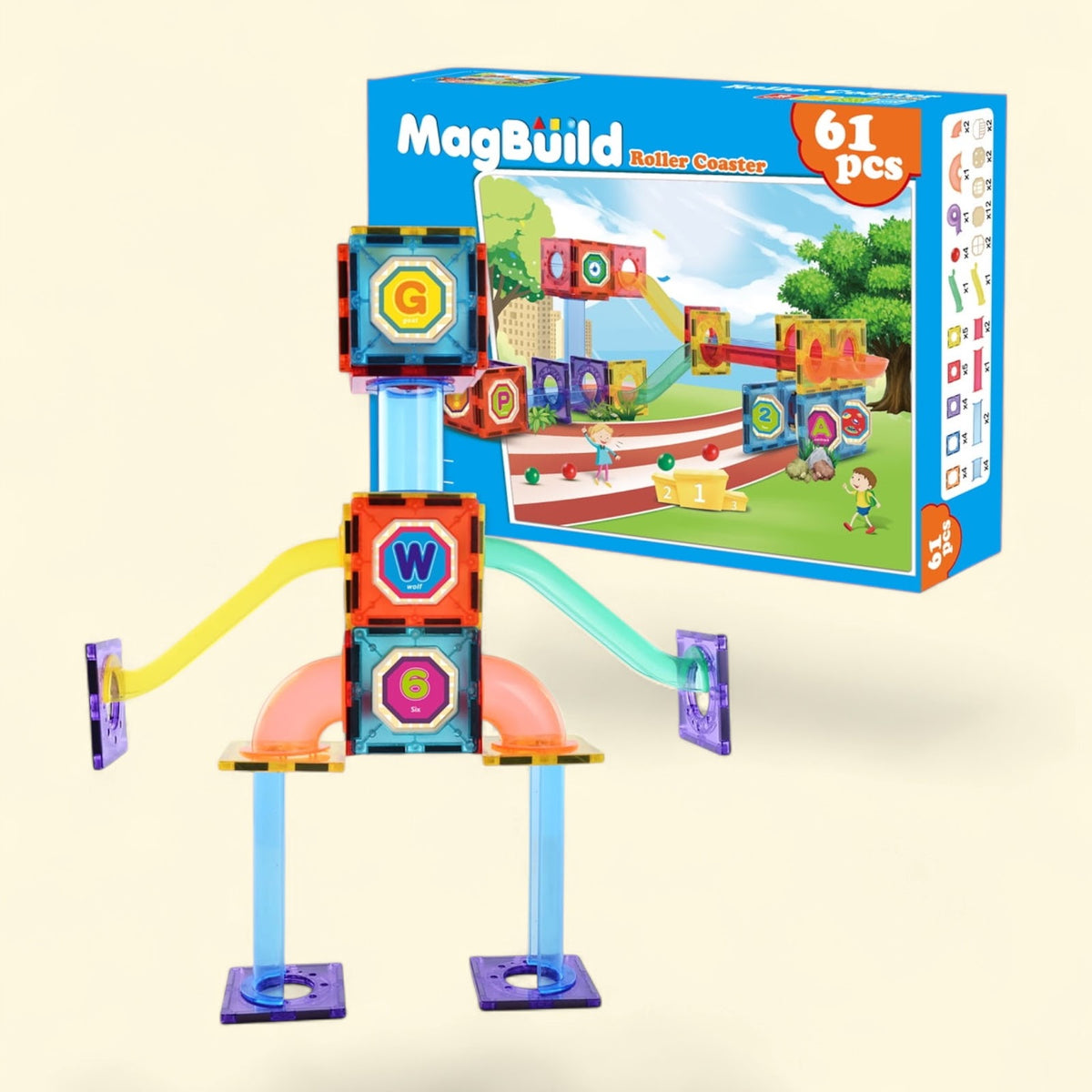 Roller Coaster Kids Magnetic Building Blocks Tile Set, 61-Piece — authentic US product shipped worldwide by Toy Terminal