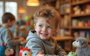 Smiling boy at a table of colorful toys in a toy shop
