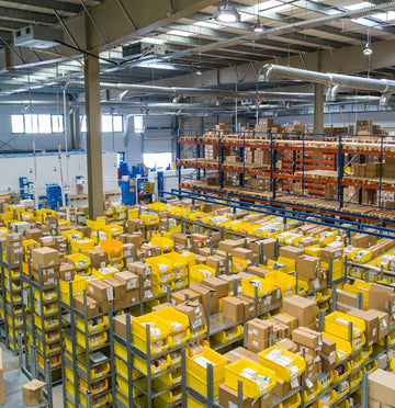Toy Terminal warehouse in Fort Worth, Texas, with shelves of boxed orders ready to ship